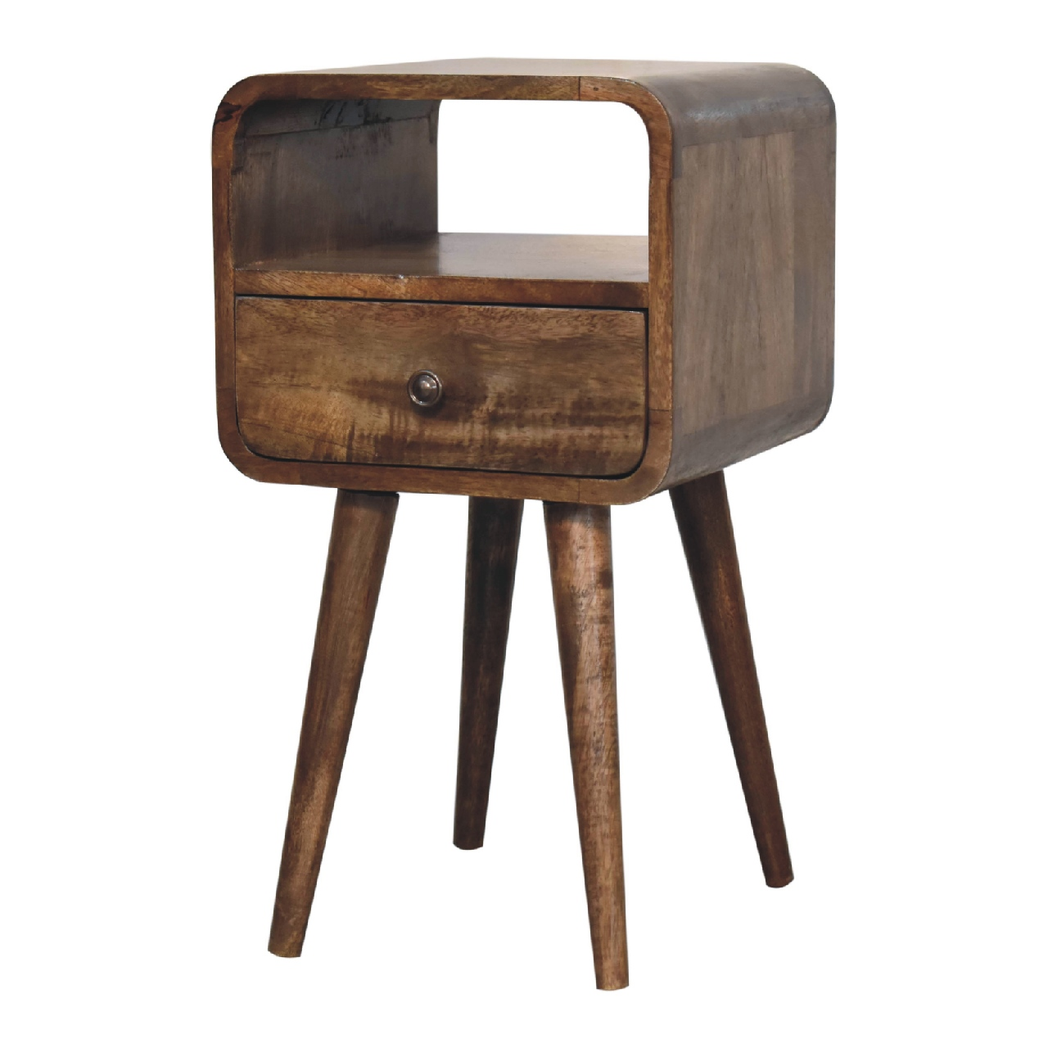 Artisan Furniture Solid Wood Mini Grey Wash Curve Open Bedside, Brown, 1 Drawer