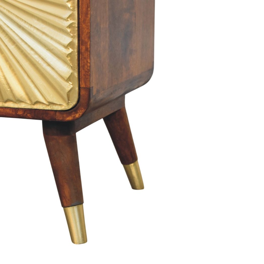 Artisan Furniture Solid Wood Avora Brass Embossed 2 Drawer Chestnut Nightstand, Brown & Golden