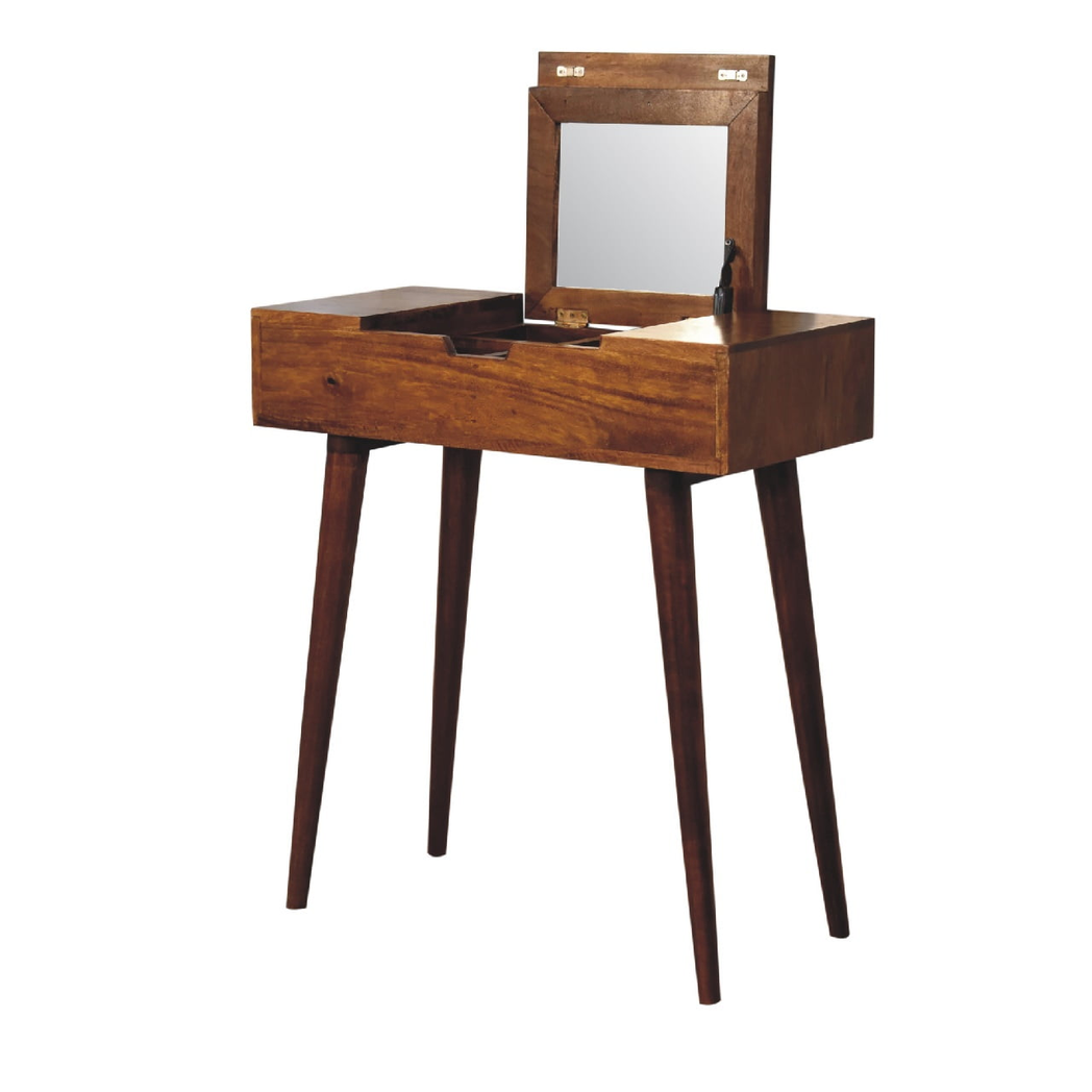 Artisan Furniture Solid Wood Mini Chestnut Fold Vanity, 4 Storage compartments with mirror, Brown