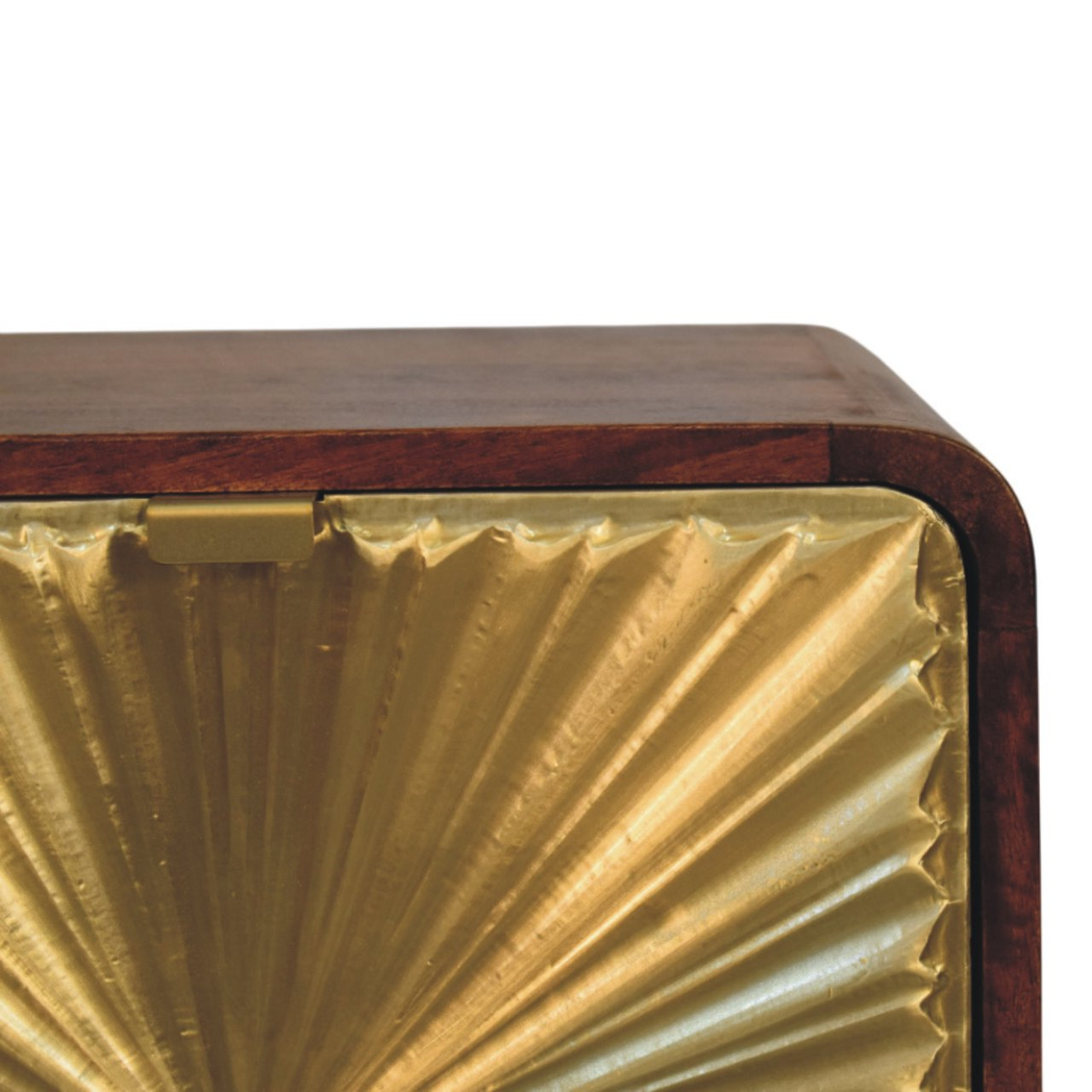 Artisan Furniture Solid Wood Avora Brass Embossed 2 Drawer Chestnut Nightstand, Brown & Golden