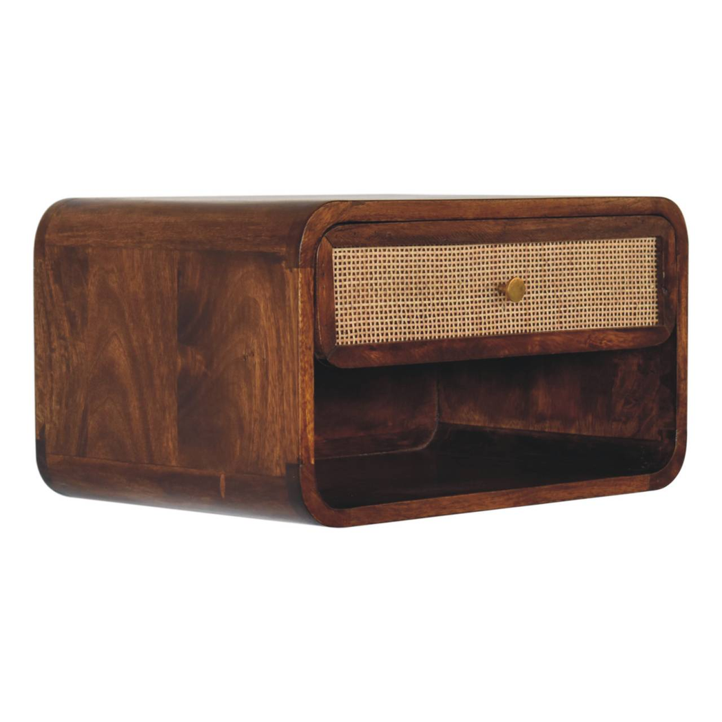 Artisan Furniture Solid Wood Chestnut Wall Mounted Open Woven Bedside, Dark Brown, 1 Drawer, 1 Shelve