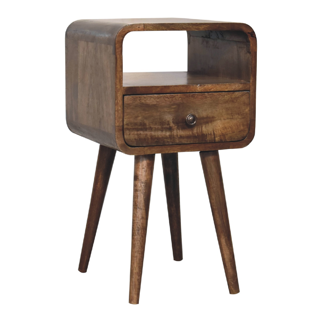 Artisan Furniture Solid Wood Mini Grey Wash Curve Open Bedside, Brown, 1 Drawer