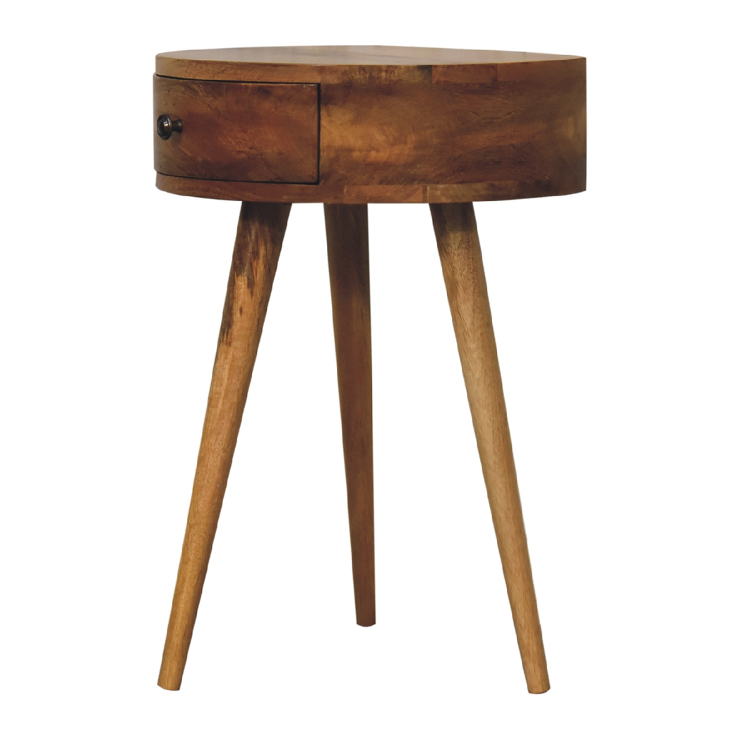 Artisan Furniture Solid Wood Mini Oak-ish Circular Shape Bedside, Brown, 1 Drawer