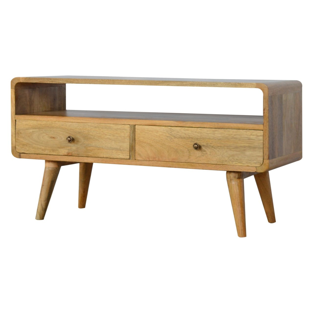 Artisan Furniture Solid Wood Curved Oak-ish Media Unit, 2 Drawers, 1 Open Slot, Brown Color