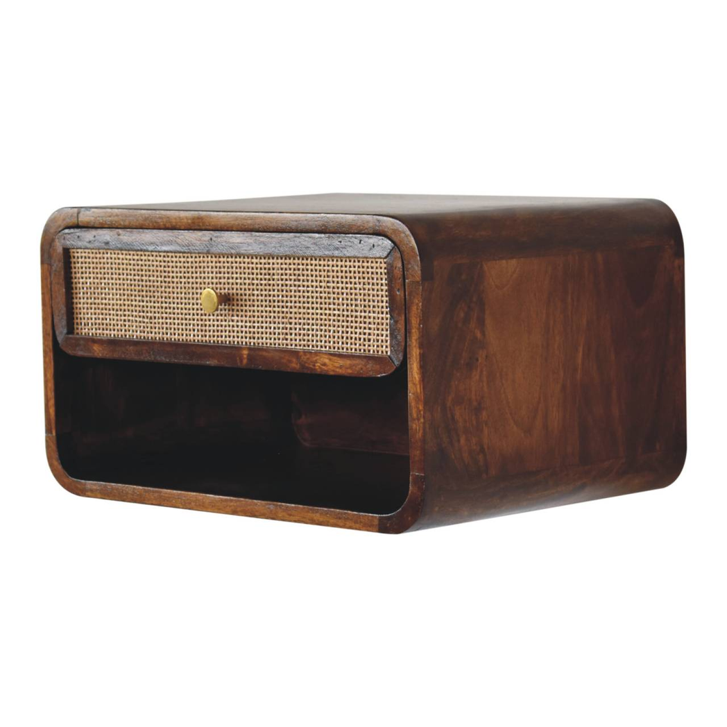 Artisan Furniture Solid Wood Chestnut Wall Mounted Open Woven Bedside, Dark Brown, 1 Drawer, 1 Shelve