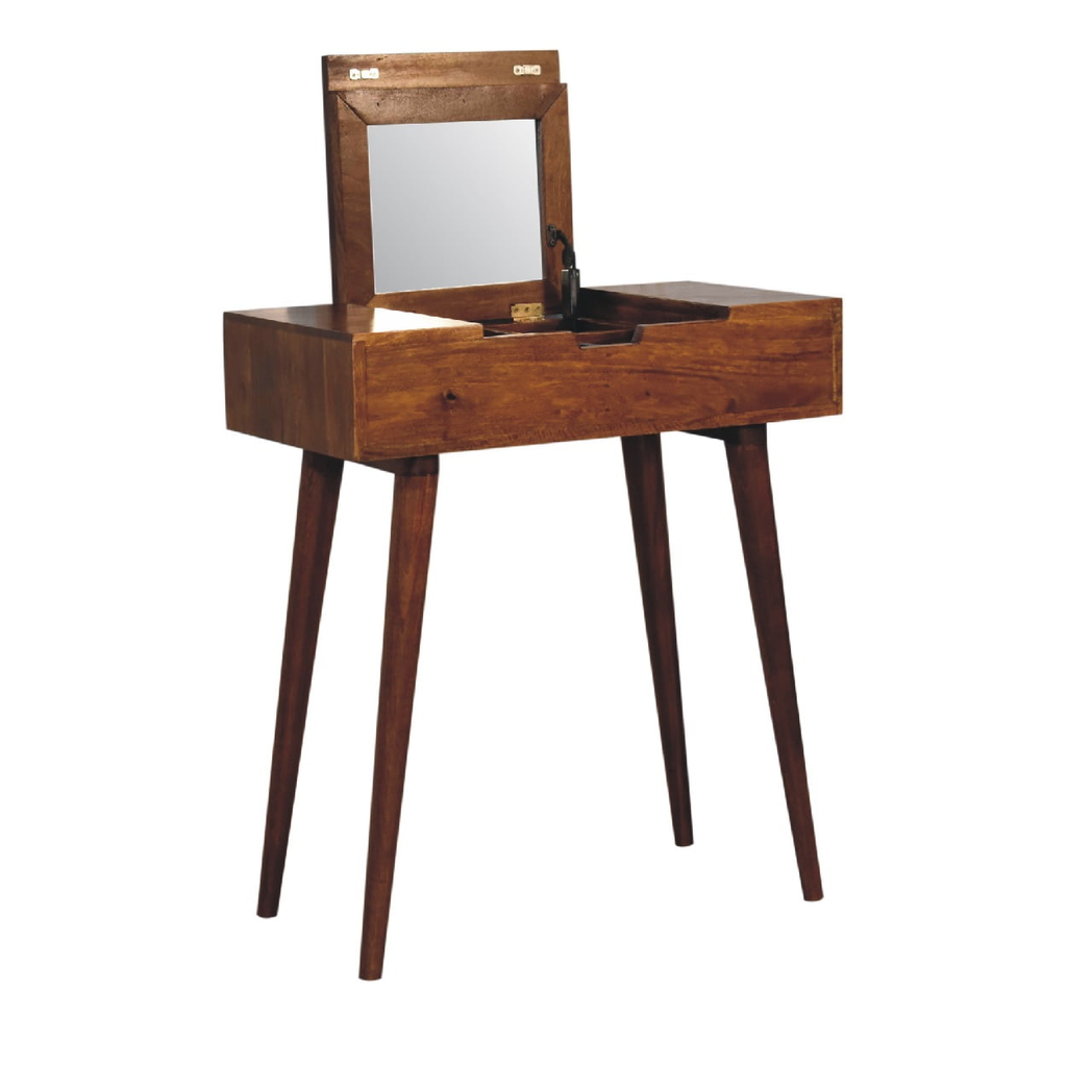 Artisan Furniture Solid Wood Mini Chestnut Fold Vanity, 4 Storage compartments with mirror, Brown