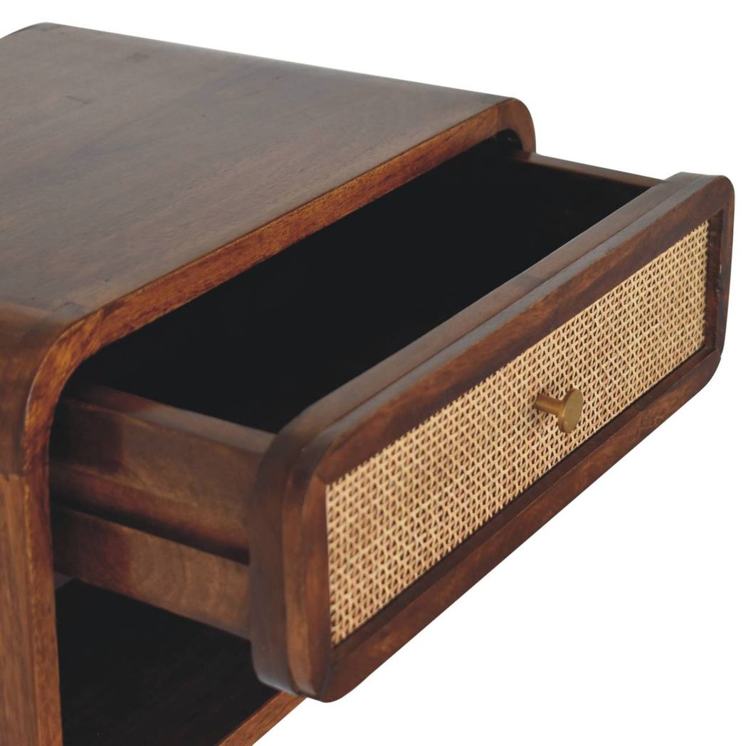 Artisan Furniture Solid Wood Chestnut Wall Mounted Open Woven Bedside, Dark Brown, 1 Drawer, 1 Shelve