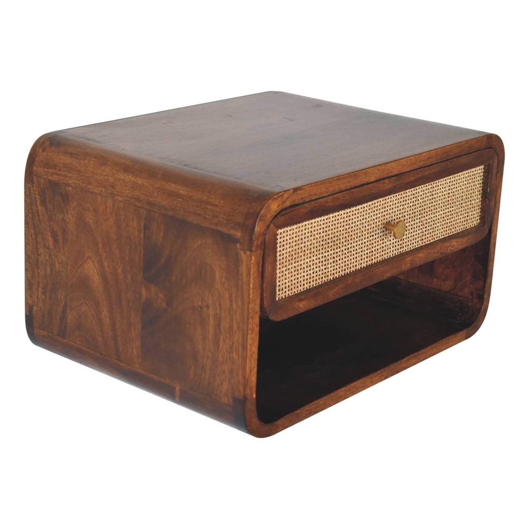 Artisan Furniture Solid Wood Chestnut Wall Mounted Open Woven Bedside, Dark Brown, 1 Drawer, 1 Shelve