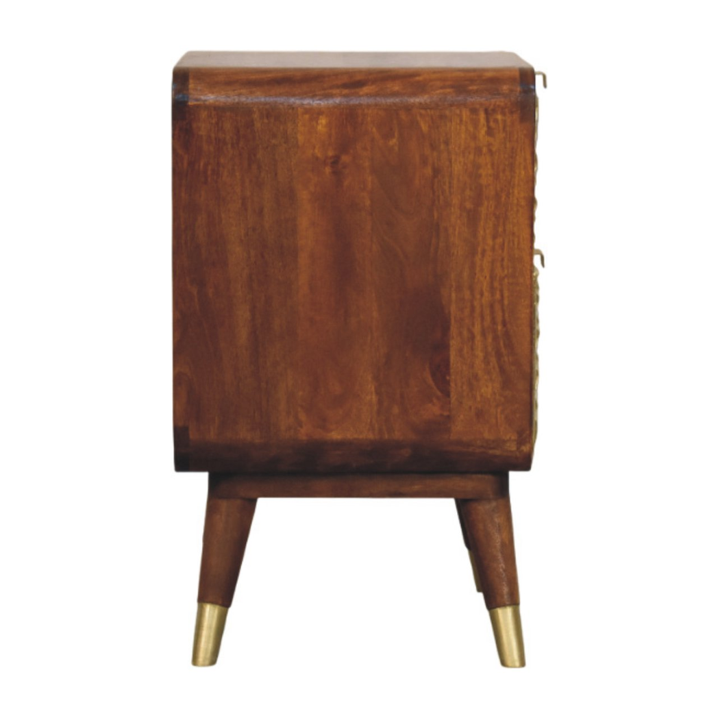 Artisan Furniture Solid Wood Avora Brass Embossed 2 Drawer Chestnut Nightstand, Brown & Golden