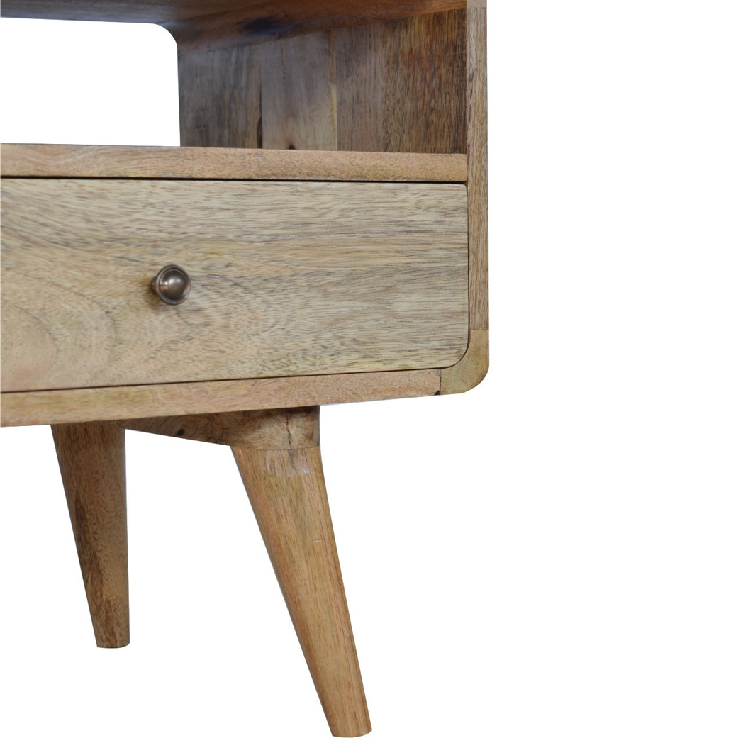 Artisan Furniture Solid Wood Curved Oak-ish Media Unit, 2 Drawers, 1 Open Slot, Brown Color