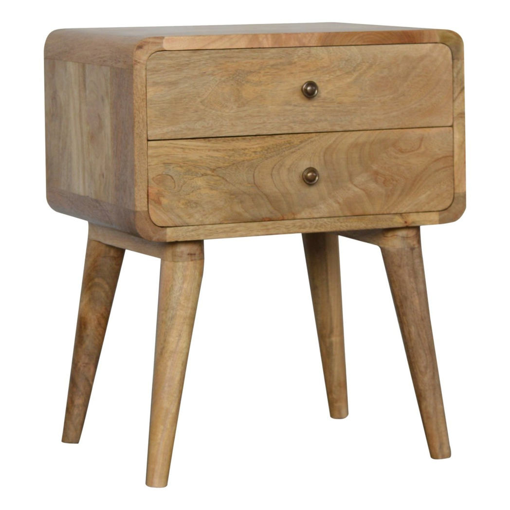Artisan Furniture Solid Wood Curved Oak-ish Bedside, 2 Drawers, Brown Color